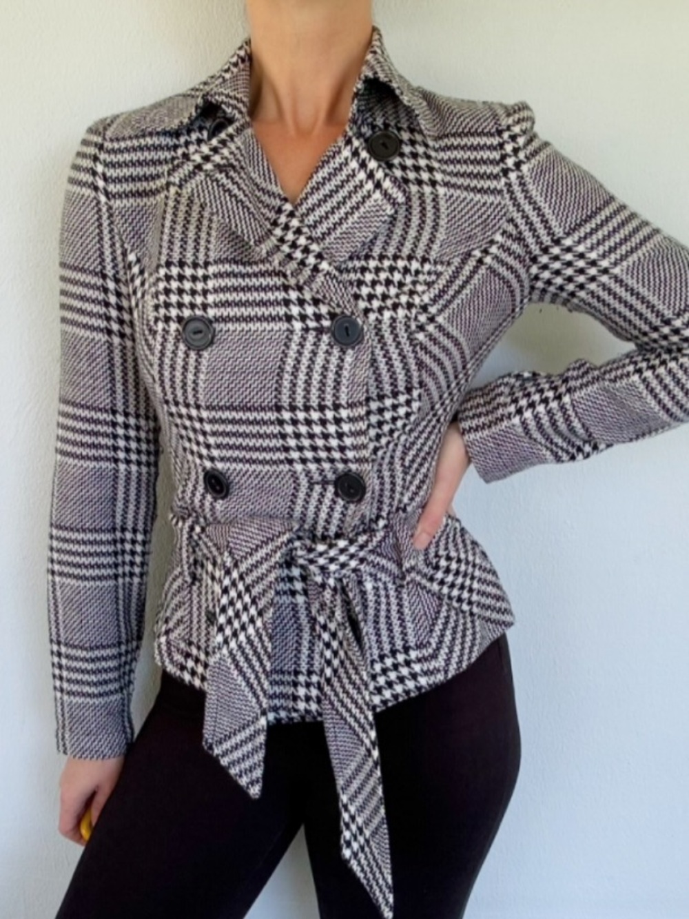 BCX black white tweed houndstooth belted double breasted blazer jacket small